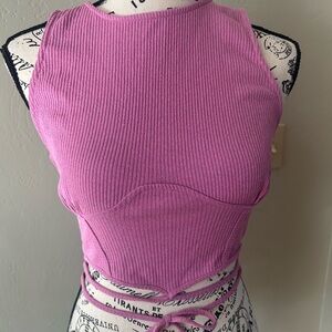 Bershka Cropped Fitted Tank with Scalloped Bust & Waist Tie Accent Size S